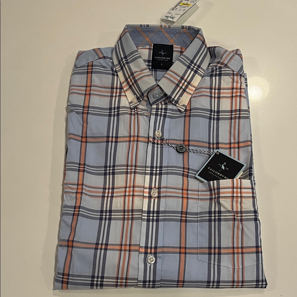 NWT TAILORBYRD Men's Plaid Shirt in Blue Orange and White. 100% cotton Size L